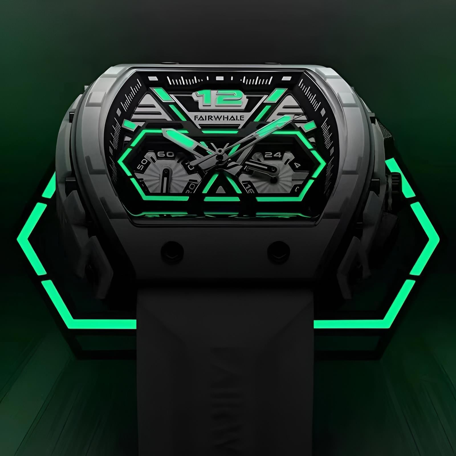 Mark Fairwhale CLIREDOX FW-5560, the geometric chronograph sub-dials and luminous green markers quartz movement, and 30-meter water resistance