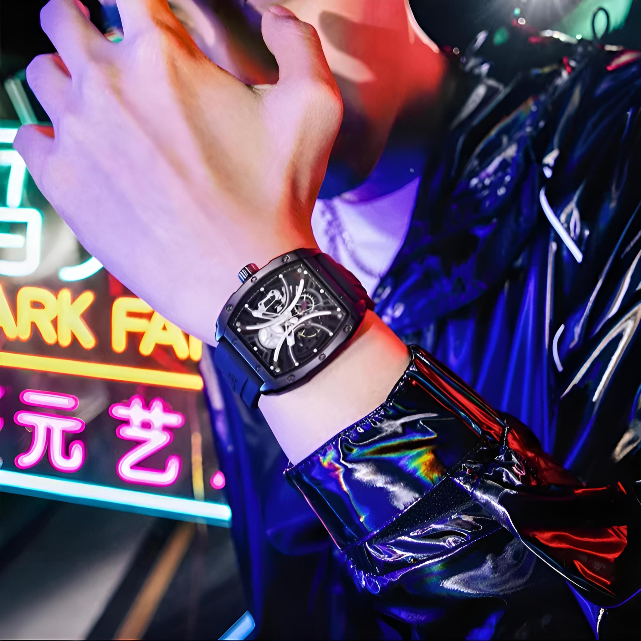 Mark Fairwhale TARVIX Obsidian Vault – Black tonneau automatic skeleton watch with tourbillon and silicone strap for men