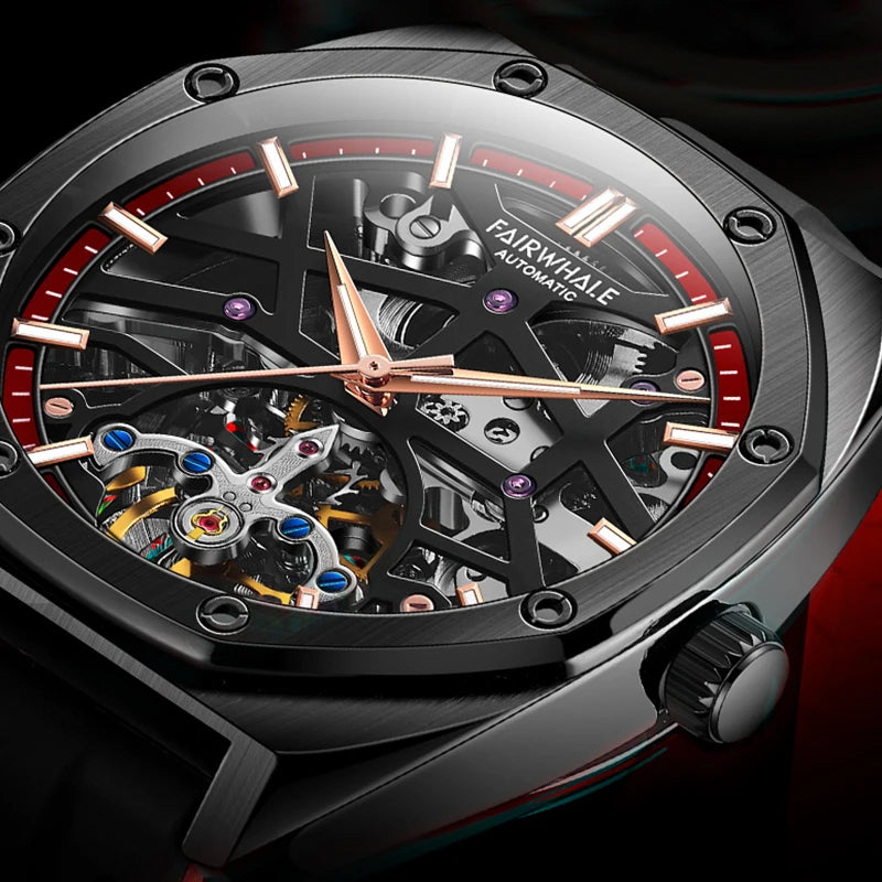 Mark Fairwhale TROVIX Crimson Surge – Red accent hollow tourbillon automatic watch with skeleton dial and sport rubber strap