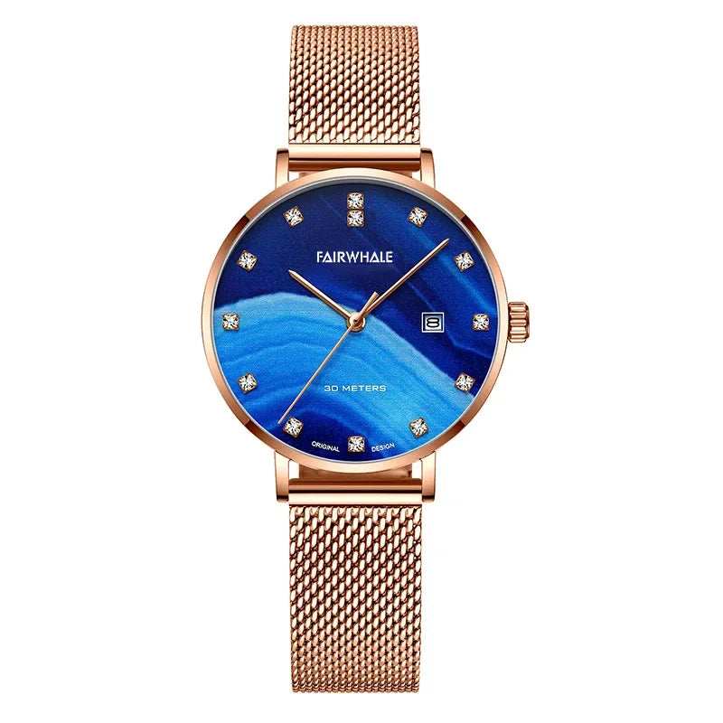 Mark Fairwhale ELARIA FW-3240 women’s quartz watch with blue diamond dial and rose gold mesh strap.