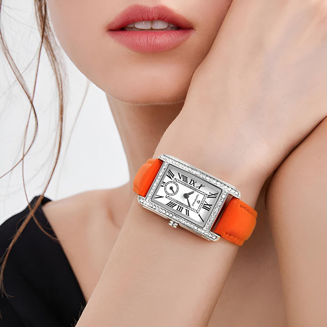 Mark Fairwhale 3455 TONELLE showing polished rose-gold bezel with crystal accents and Hardlex glass for luxurious precision