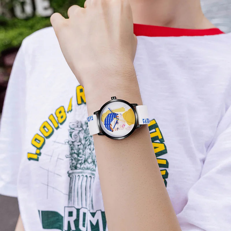 Mark Fairwhale 3470 ANIMORA watch featuring vivid manga character art and rounded Hardlex crystal surface under blue graphic background