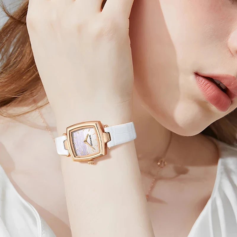 Mark Fairwhale 3480 SILENA women’s square watch in rose gold case with white leather strap and minimalist numberless dial for a luxury modern look