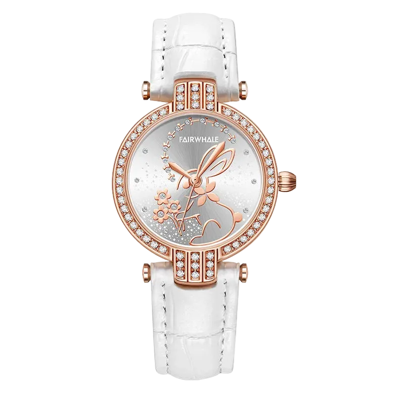 Mark Fairwhale 3600 BLOOMI women’s watch in rose gold with crystal-set bezel and white rabbit motif dial, showcasing fine craftsmanship