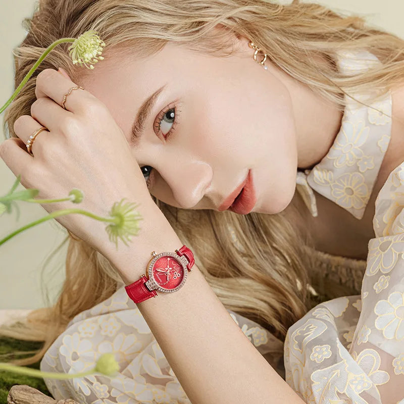 Mark Fairwhale 3600 BLOOMI women’s watch in rose gold with crystal-set bezel and red rabbit motif dial, showcasing fine craftsmanship