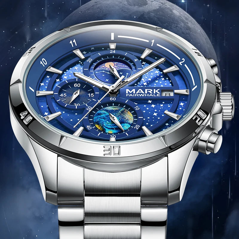 Detailed shot of Mark Fairwhale 5022 VELTRONIX blue dial under moonlight with stainless steel strap.