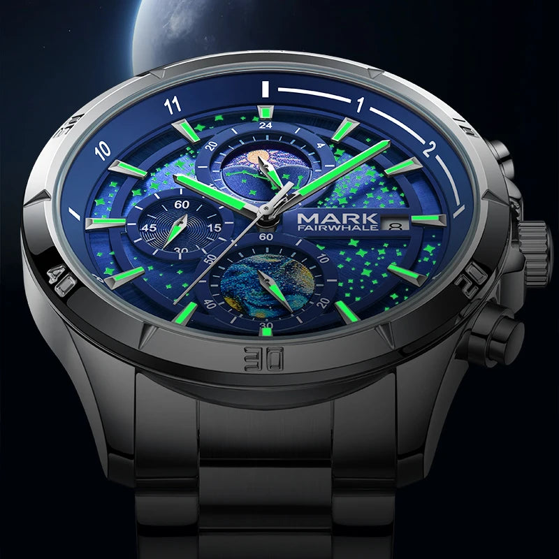 Mark Fairwhale 5022 VELTRONIX luminous dial glowing in the dark with star-inspired markers.
