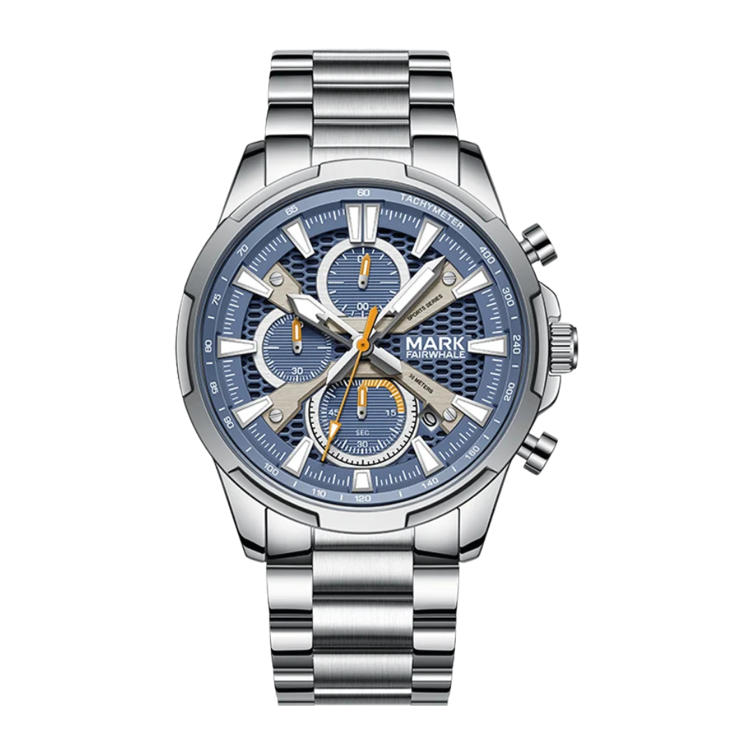 Mark Fairwhale 5032 GIFTOR men’s luxury chronograph watch with blue dial and stainless steel strap.