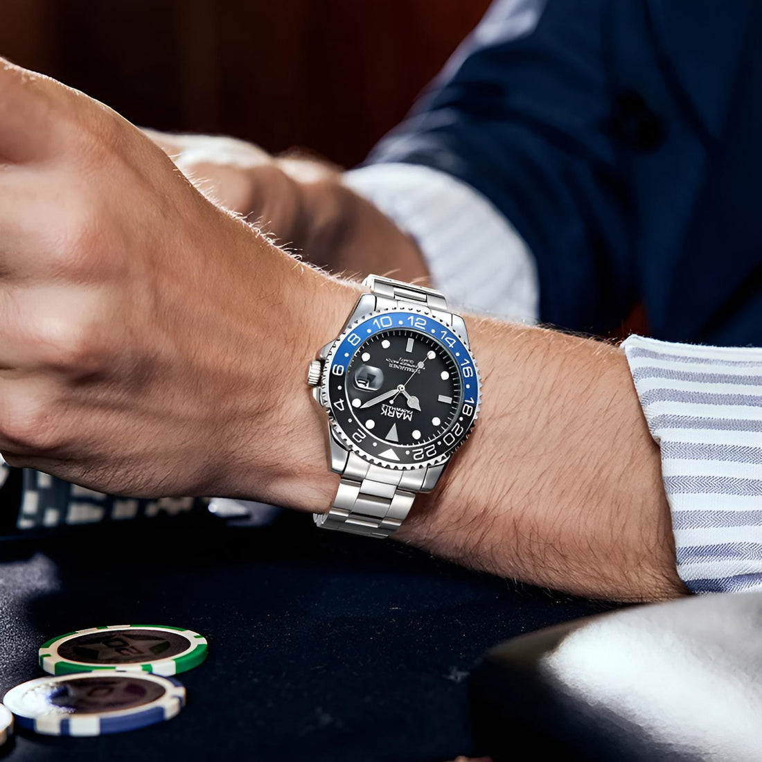 Mark Fairwhale 5140 VELTORIS business watch on wrist with stainless steel bracelet