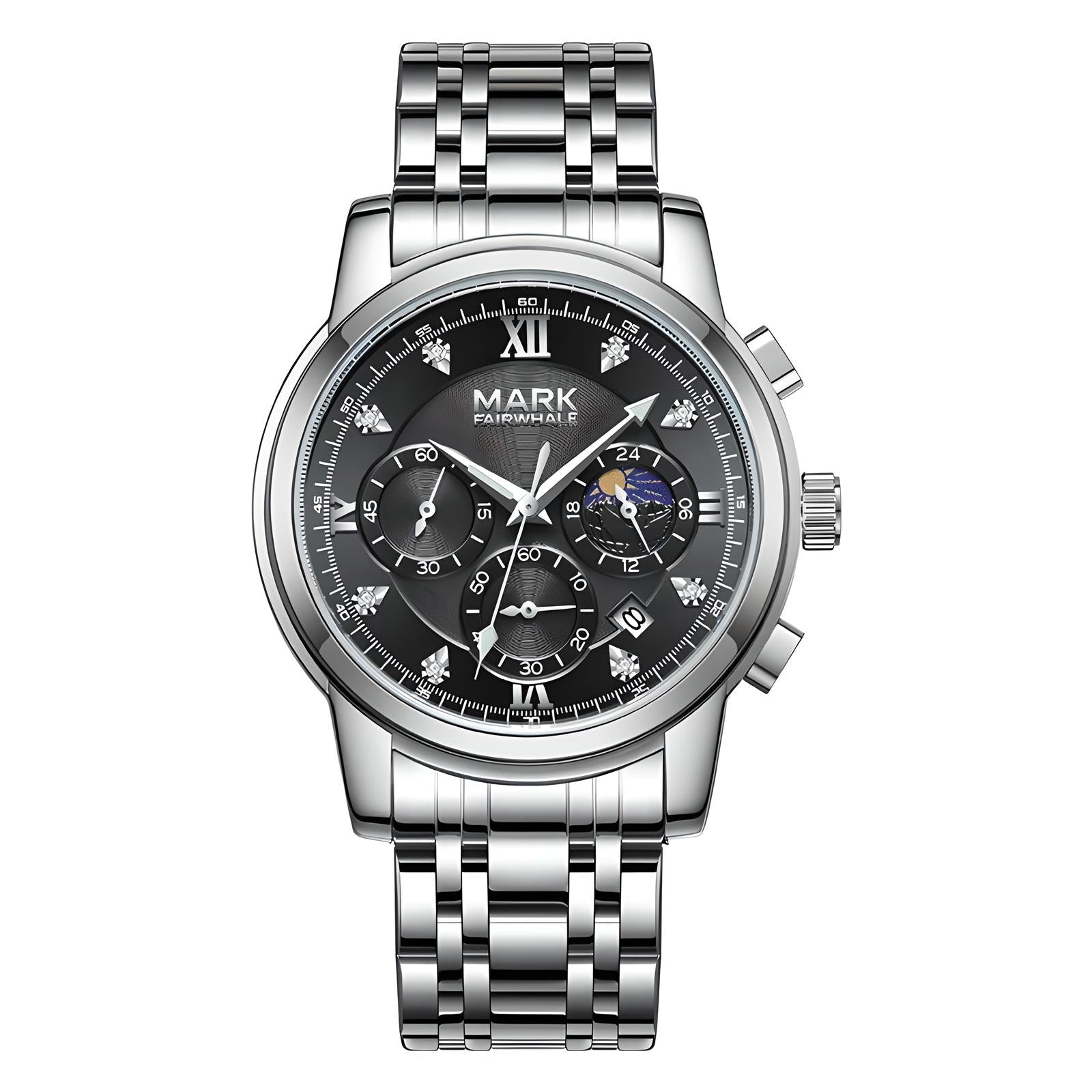 Mark Fairwhale 5180 TRINOMA men’s quartz watch with black dial, calendar, and stainless steel strap