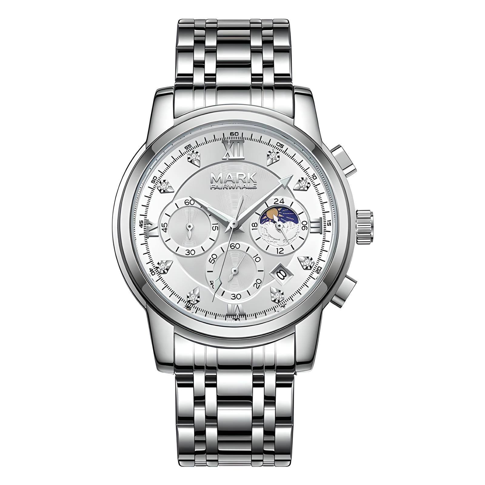 Mark Fairwhale 5180 TRINOMA men’s quartz watch with silver dial, calendar, and stainless steel strap