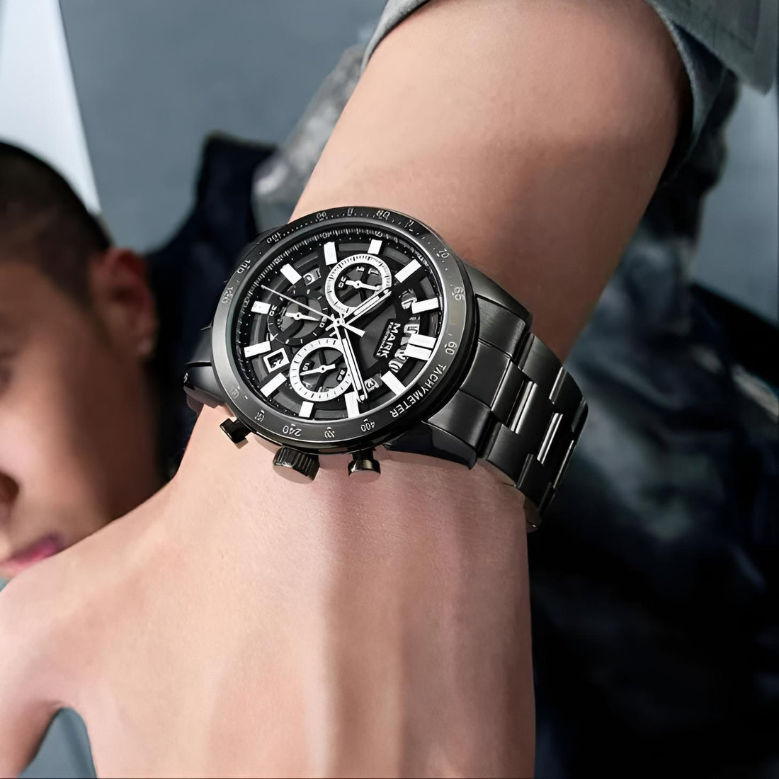 Mark Fairwhale 5880 NOCTUM luxury men’s chronograph watch worn on wrist with stainless steel bracelet