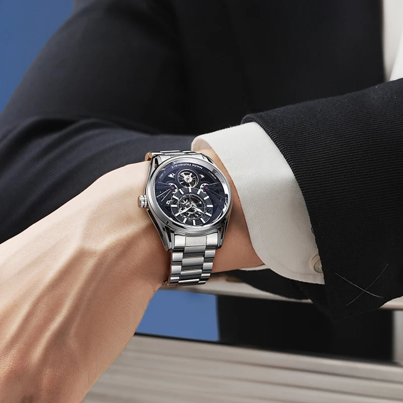 Mark Fairwhale 6021 SKELEON men’s skeleton automatic watch on wrist with stainless steel strap, luxury mechanical wristwatch for business style