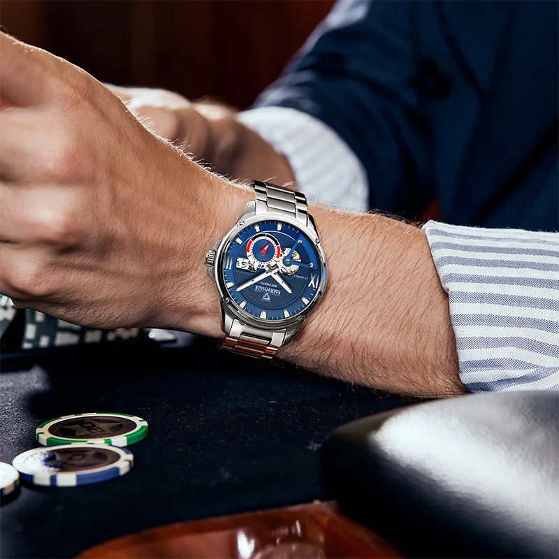 Mark Fairwhale 6070 TREZOR skeleton automatic watch with blue dial and stainless steel bracelet, showcasing open-heart mechanics