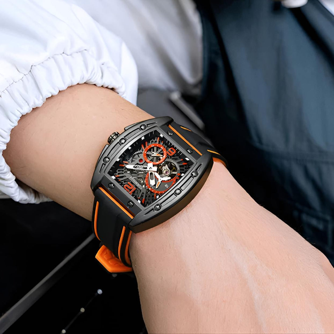 Mark Fairwhale 6280 TERRION men’s automatic tonneau watch with black skeleton dial and orange accents, showcasing mechanical movement and sport rubber strap