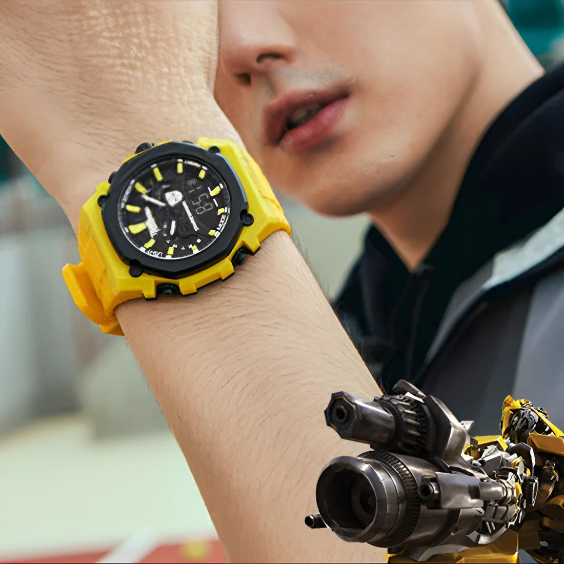 Mark Fairwhale 7110 TROVIX men’s yellow digital chronograph watch with stainless steel case and LED display, designed for modern sport and streetwear style.