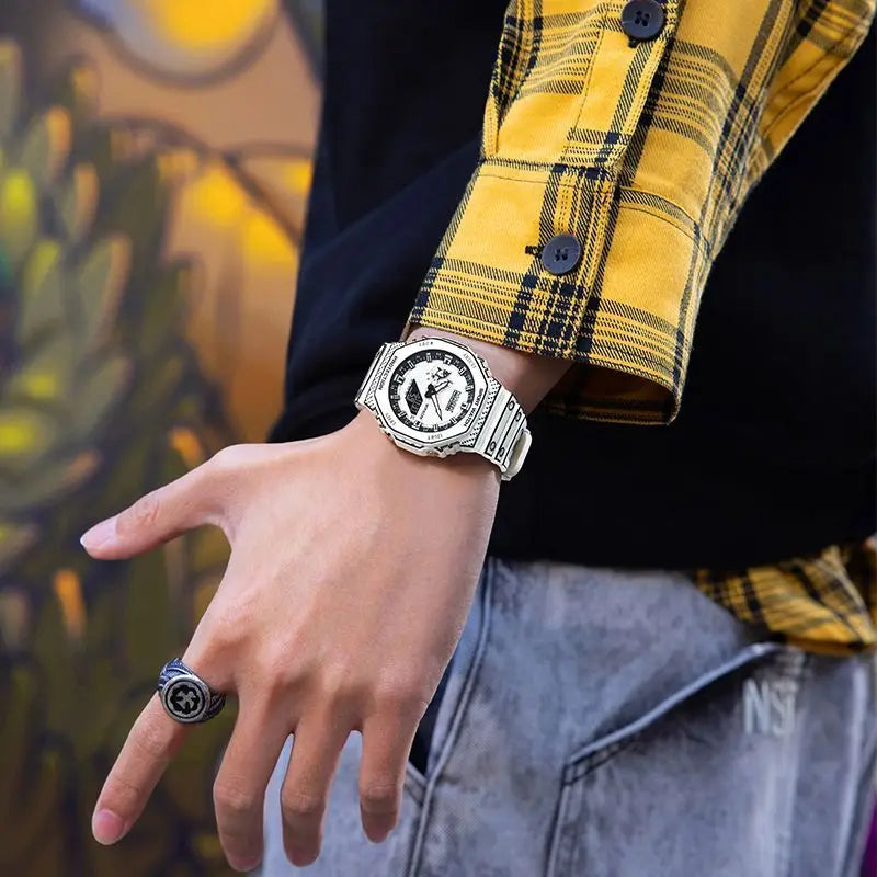 Mark Fairwhale 7210 NEXXO men’s square chronograph watch in white with analog-digital display and silicone strap, luxury sport design.