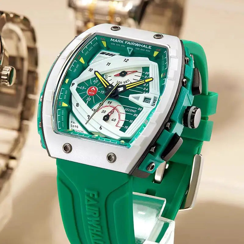 Mark Fairwhale ADRIAN Emerald Horizon – Green dial tonneau chronograph watch for men with rubber strap and auto date