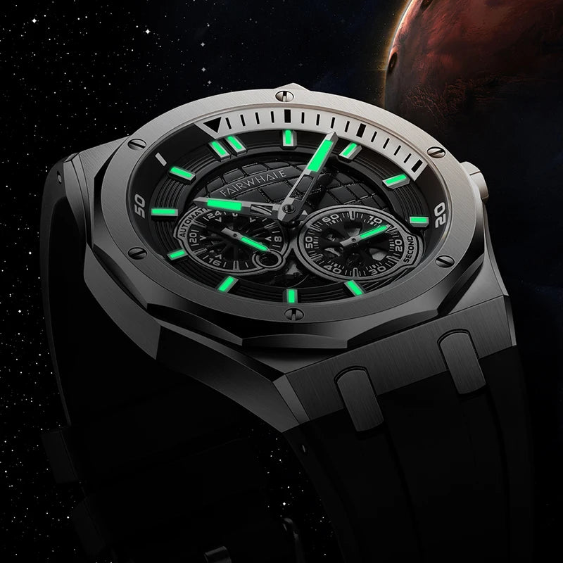 Mark Fairwhale AERIXON Titanium Shadow – Gunmetal gray skeleton watch for men, slim 12mm design with 316L stainless steel & Hardlex crystal