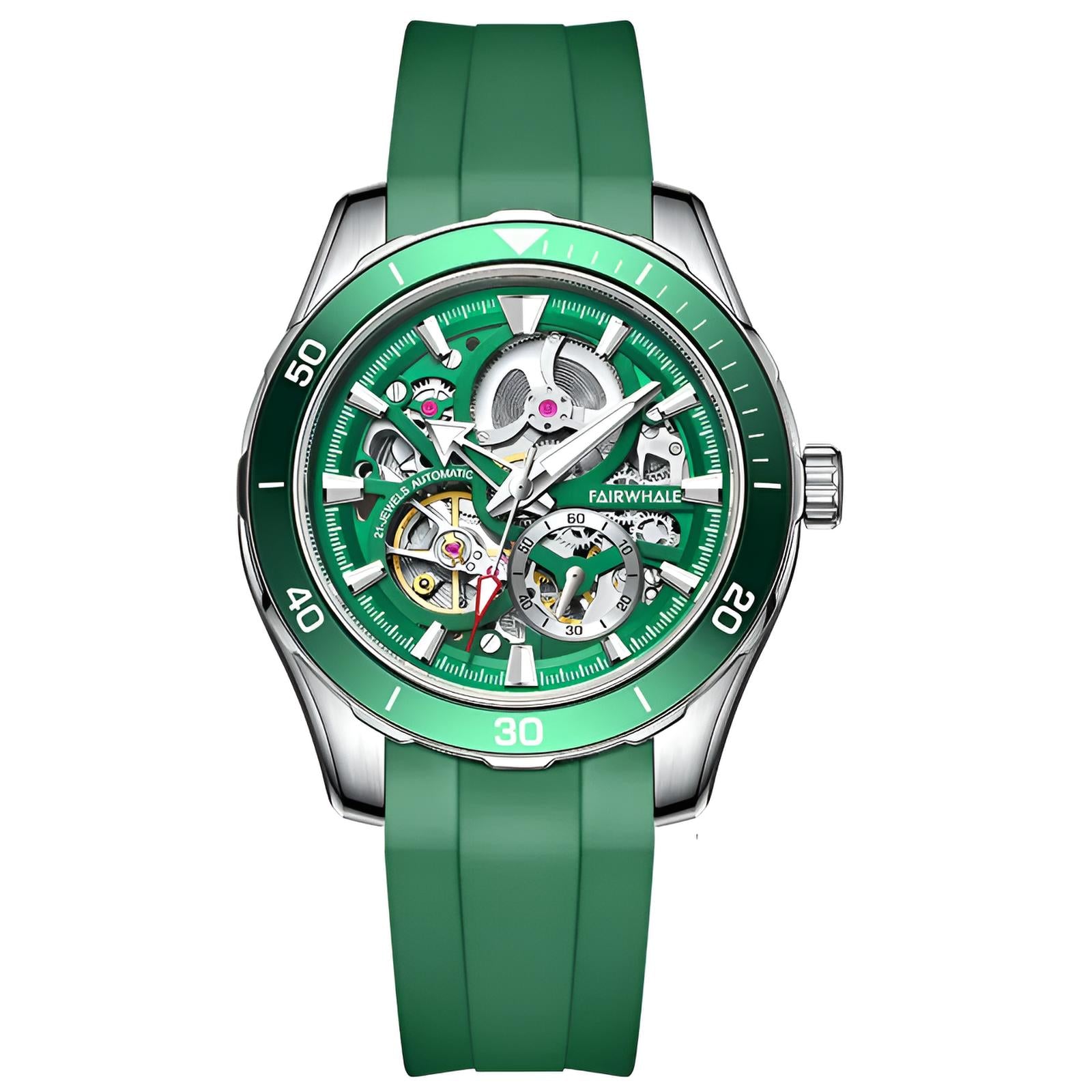 Mark Fairwhale AETREON Cobalt Verde – Dual-tone green-accented skeleton automatic watch with polished steel band for modern executives