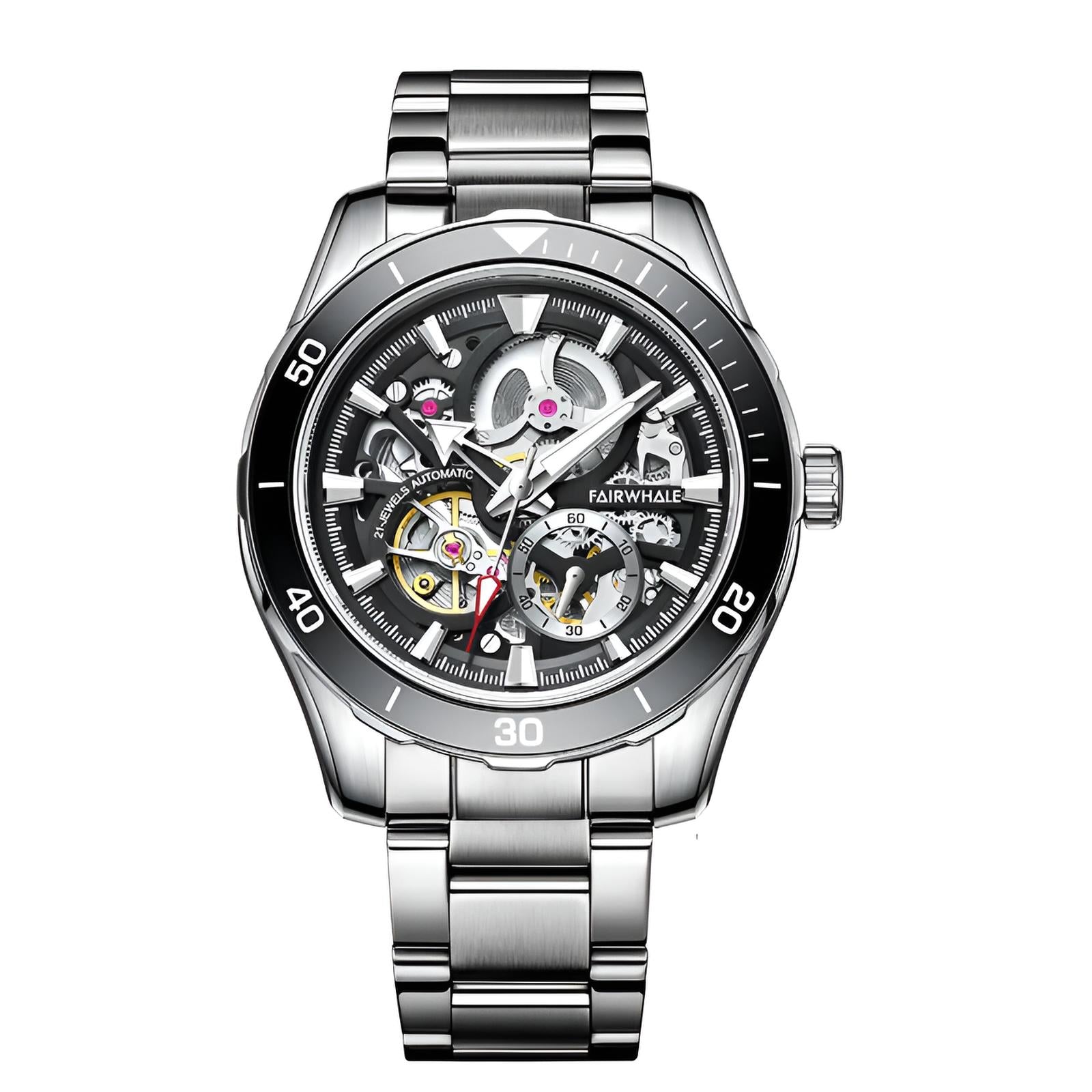 Mark Fairwhale AETREON Steel Eclipse – Sleek silver-tone tourbillon watch with luminous green dial and 316L stainless steel construction