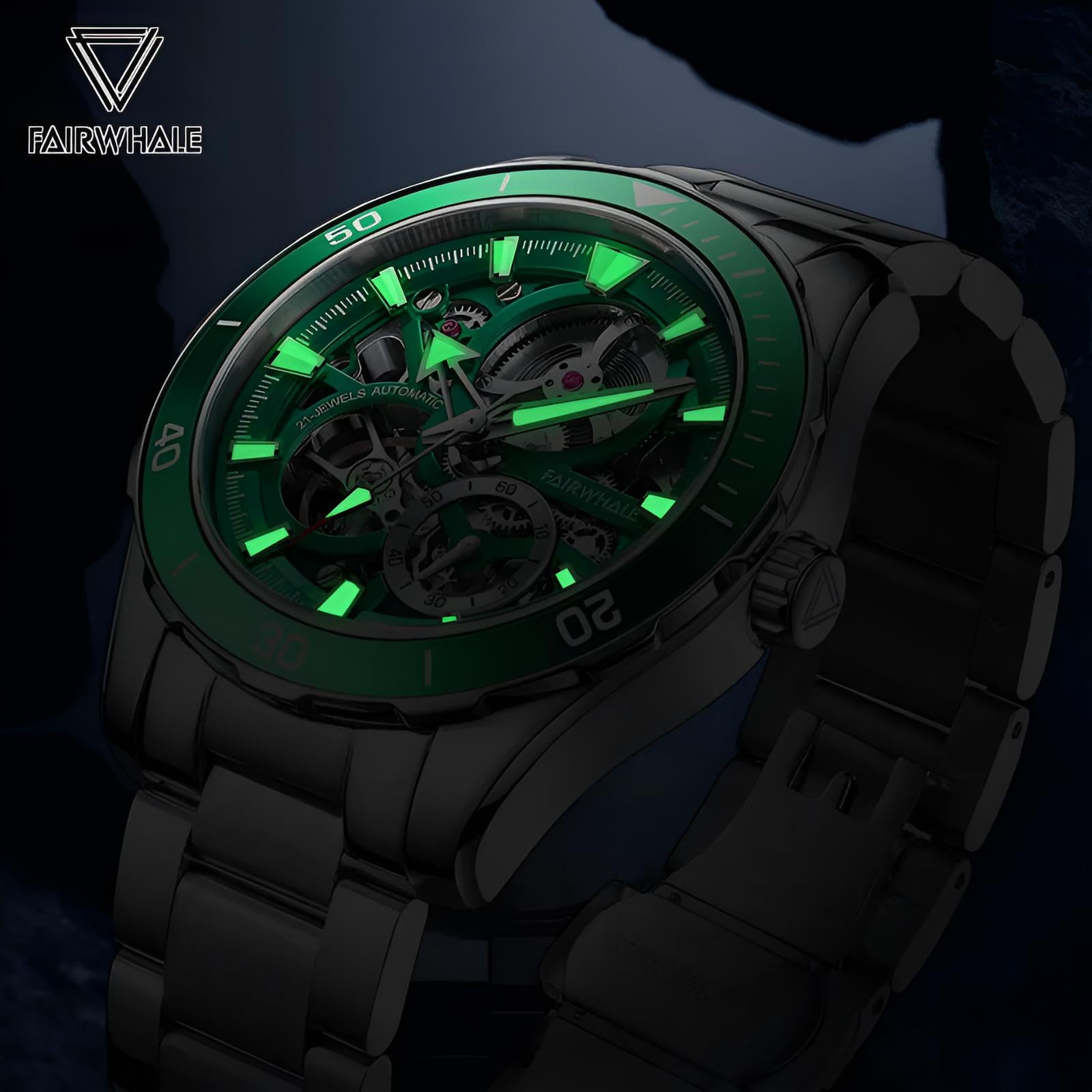 Mark Fairwhale AETREON Viridium Core – Luminous green skeleton tourbillon watch for men with stainless steel strap and automatic movement