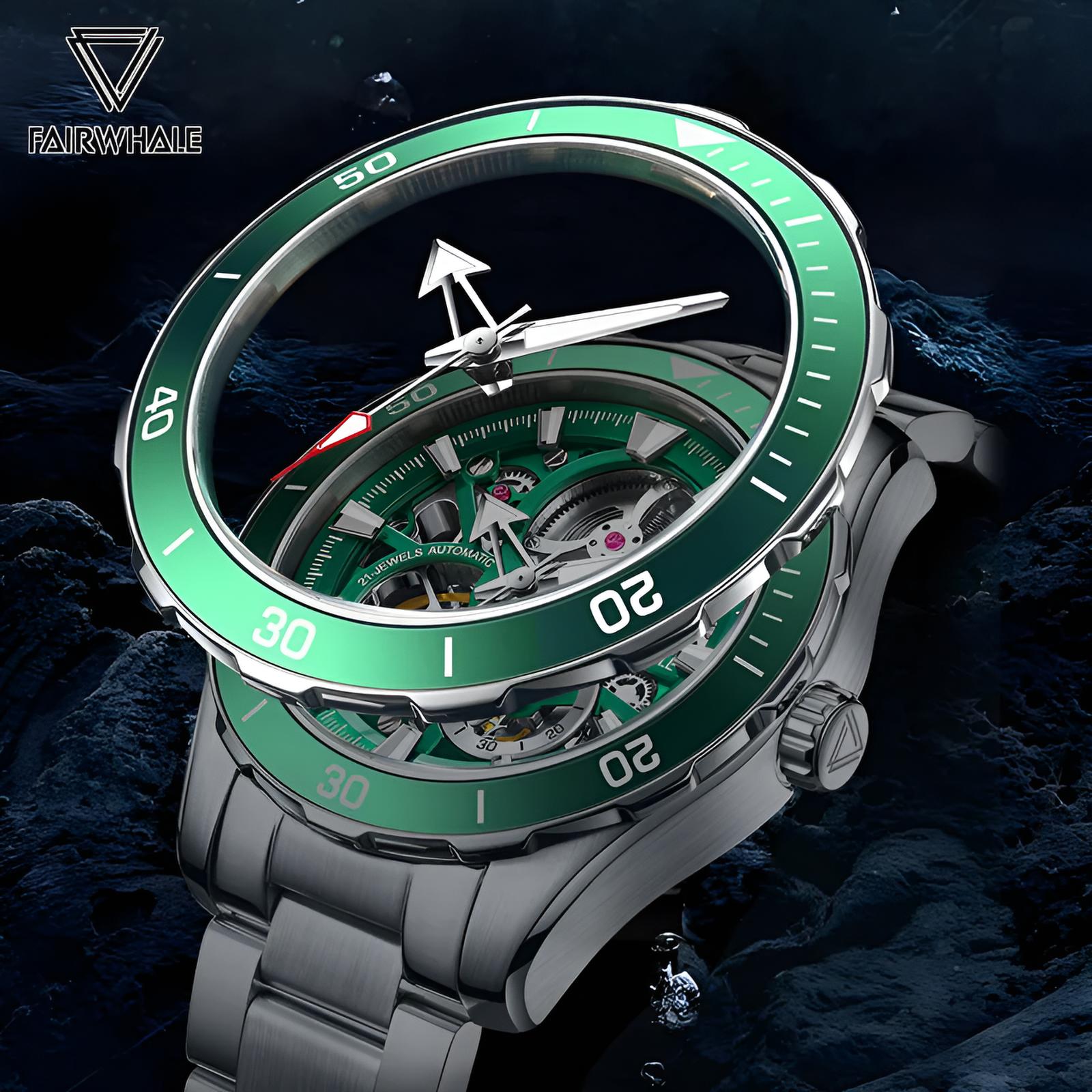 Mark Fairwhale AETREON Viridium Core – Luminous green skeleton tourbillon watch for men with stainless steel strap and automatic movement