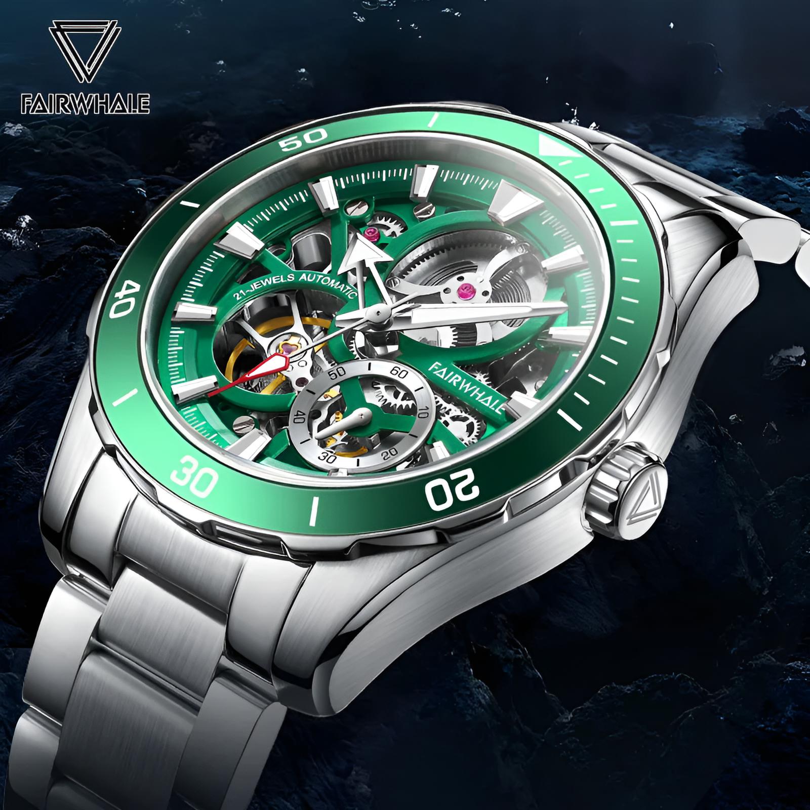 Mark Fairwhale AETREON Viridium Core – Luminous green skeleton tourbillon watch for men with stainless steel strap and automatic movement