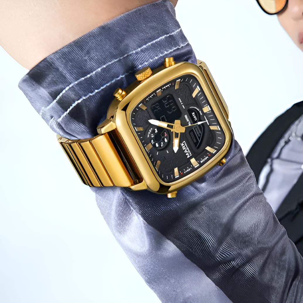 Mark Fairwhale ALTRIX Imperial Gold – Gold-tone square analog-digital quartz watch for men with luminous display and stainless steel strap