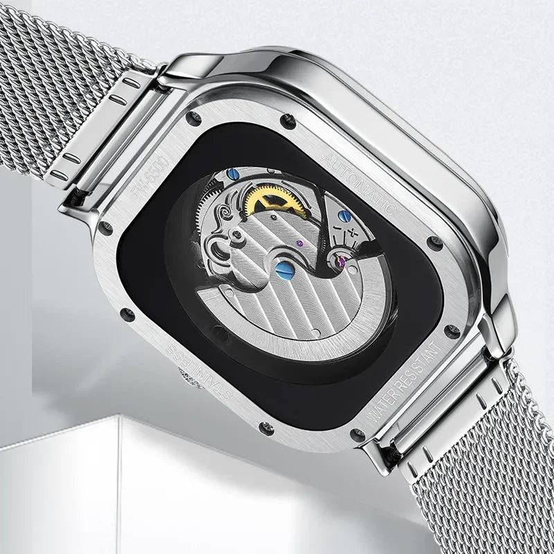 Mark Fairwhale AUREOXIS Luminar – Silver-tone automatic watch with luminous hands and open-heart movement, minimalist square design for men