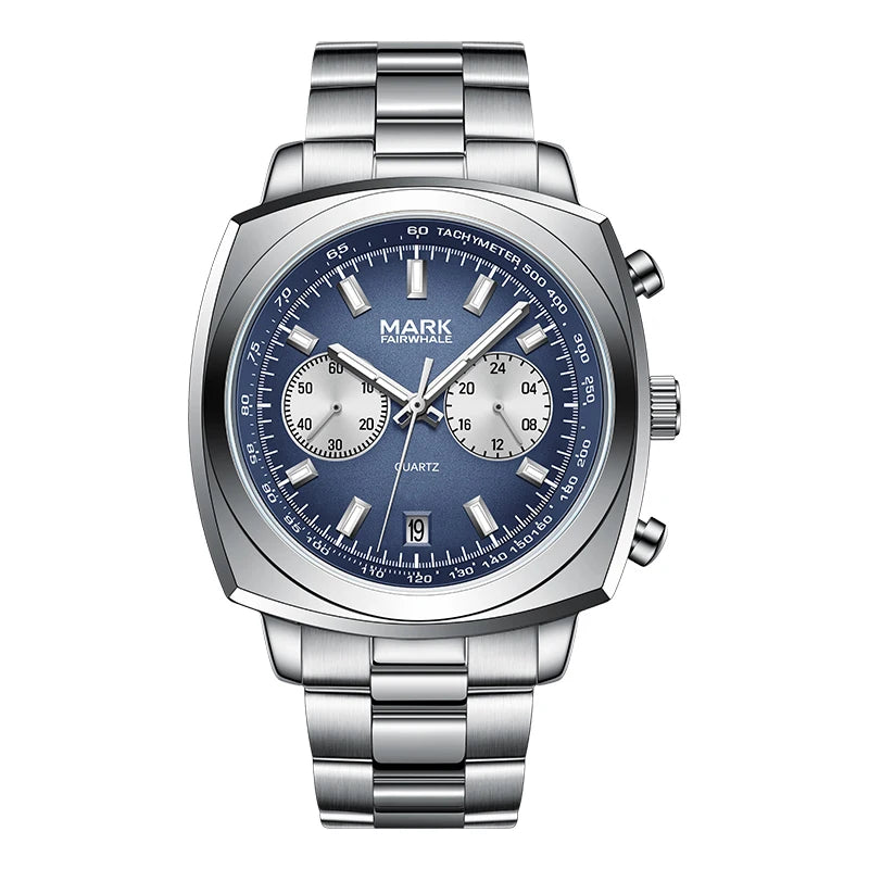 Mark Fairwhale AURIXON men’s chronograph watch with blue square dial and stainless steel strap.