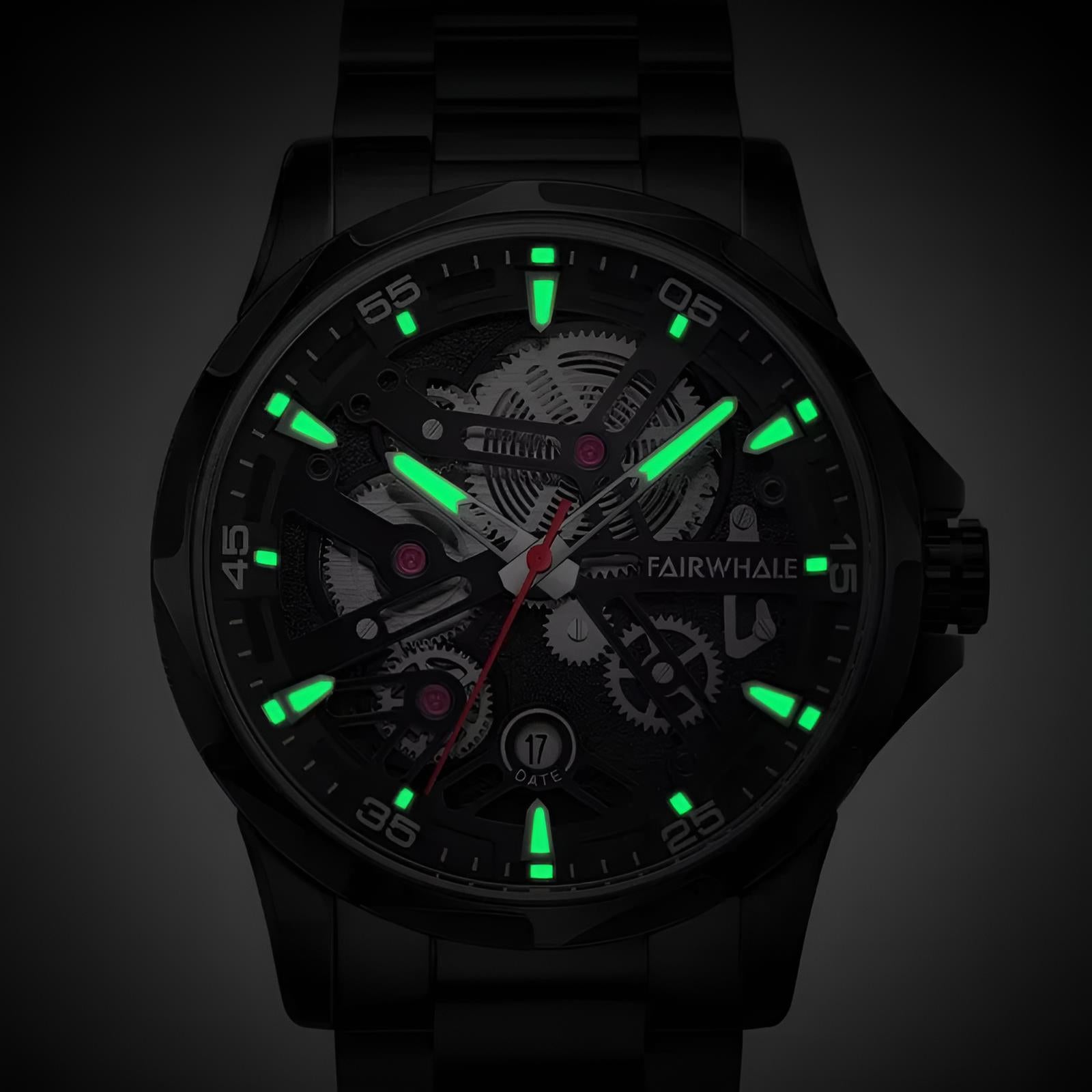 Mark Fairwhale AURIX Obsidian Axis – Black stainless steel automatic watch for men, numberless dial with luminous markers