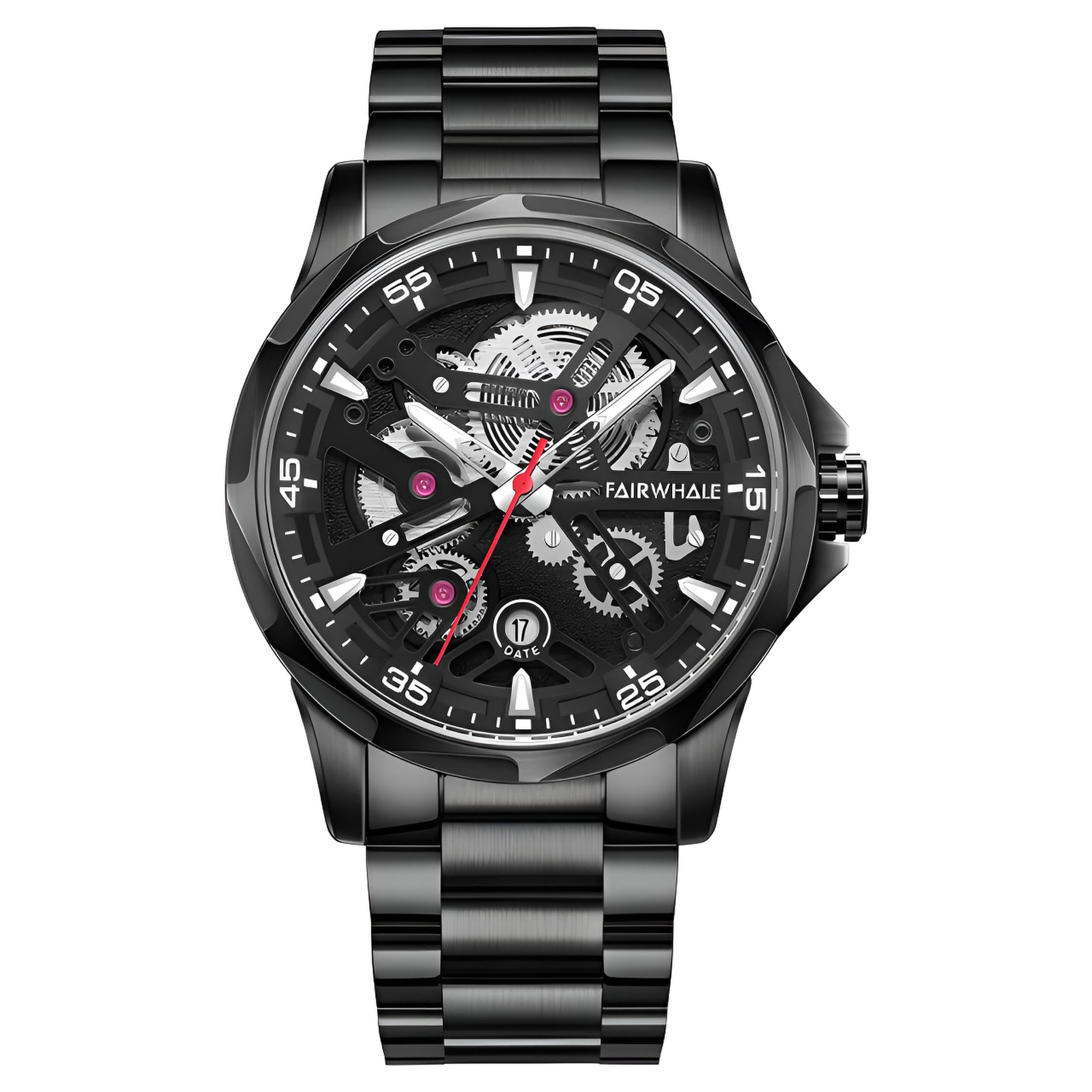 Mark Fairwhale AURIX Obsidian Axis – Black stainless steel automatic watch for men, numberless dial with luminous markers