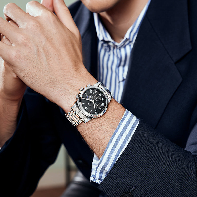 Mark Fairwhale CORDANT men’s quartz watch with black Roman numeral dial and moon phase.