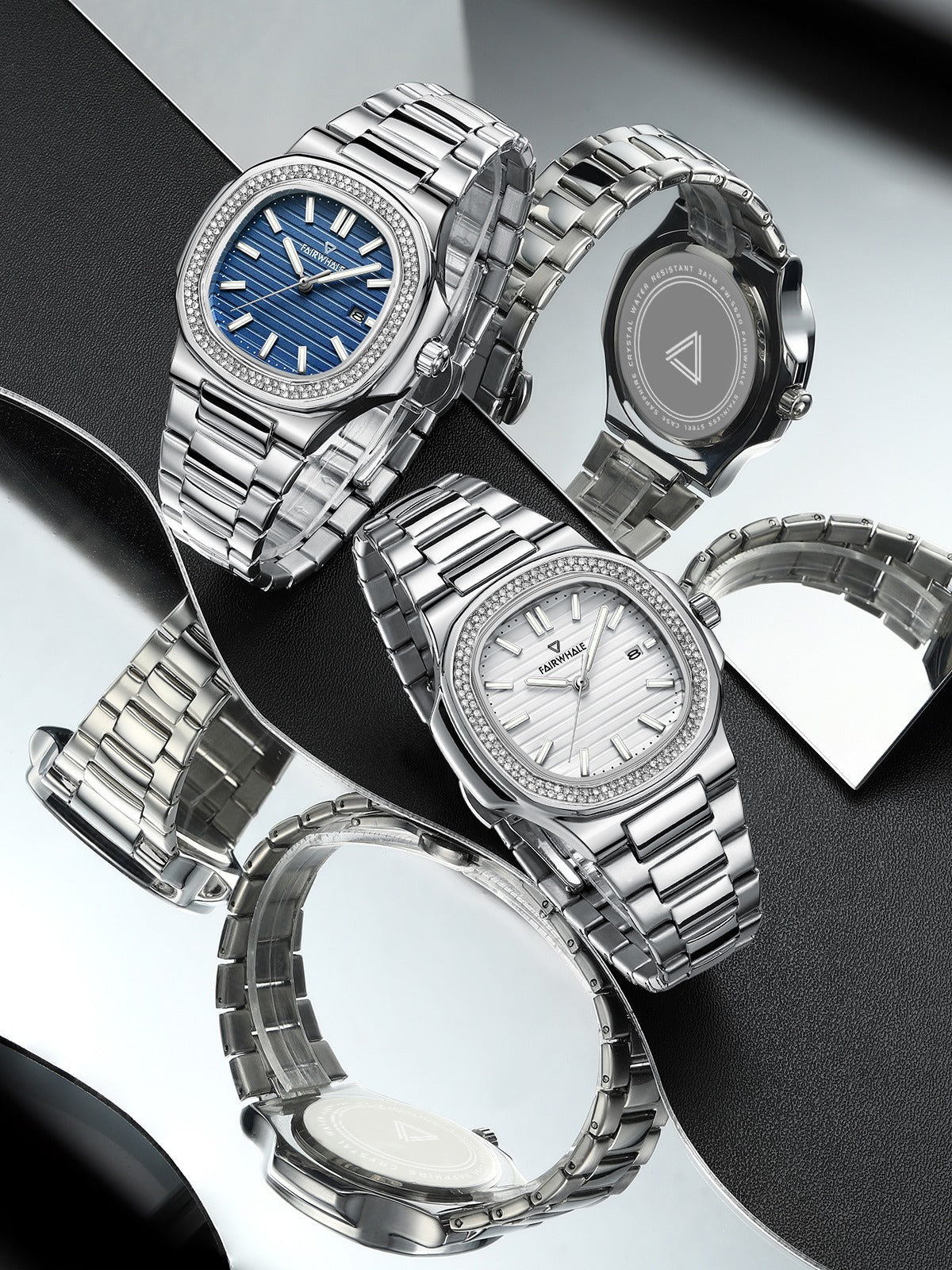 Mark Fairwhale CRYSTOR Collection square watch for men with crystal accents and stainless steel strap