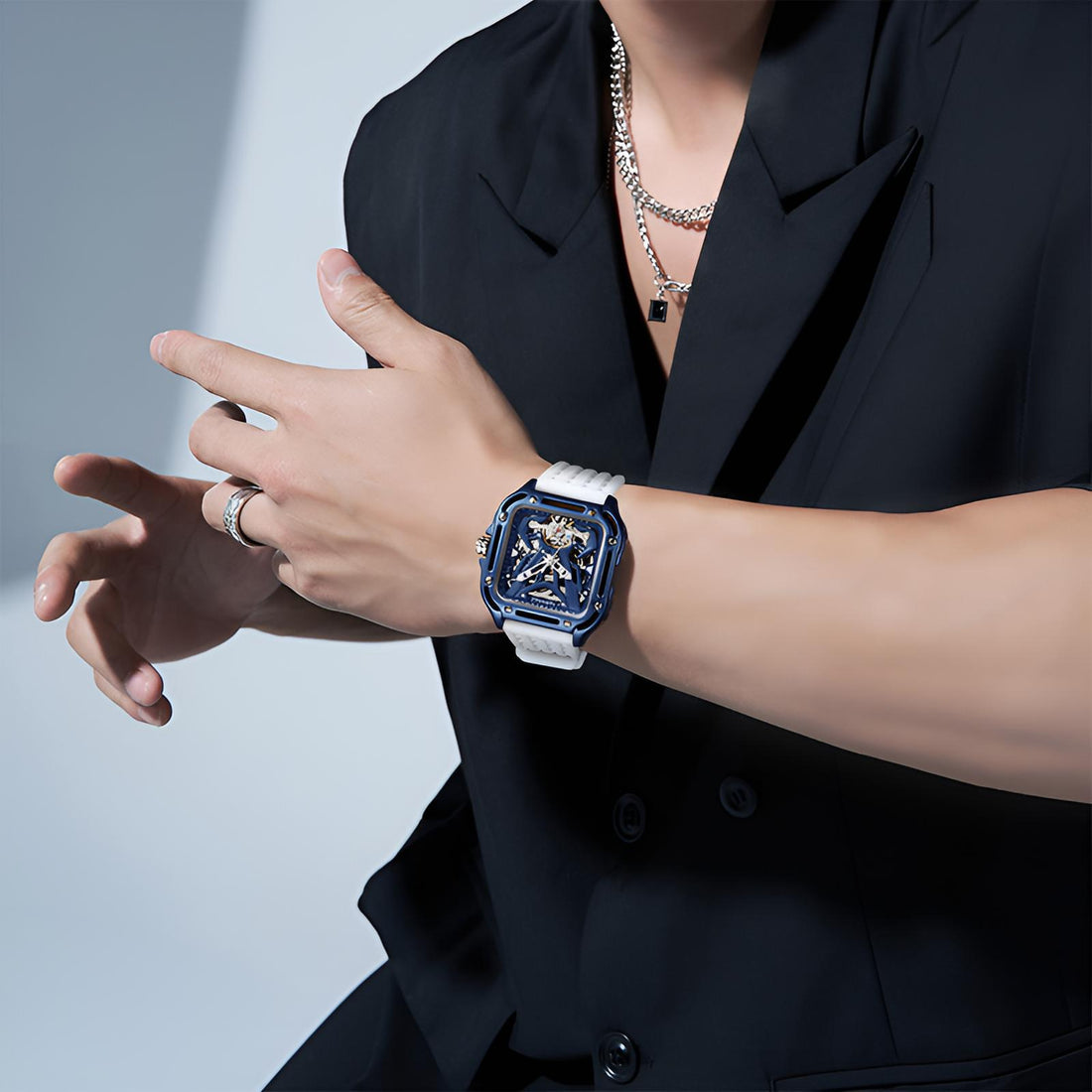 Mark Fairwhale FW-6530 ZEPHYROS automatic watch in sapphire blue with skeleton dial and white silicone strap