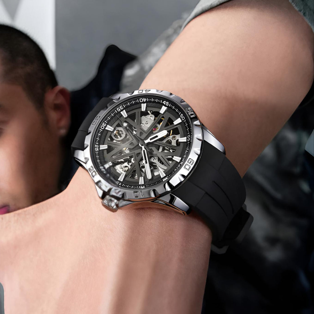 Mark Fairwhale KANTRY Obsidian Platinum – Black and silver skeleton automatic watch for men with luminous display and silicone strap