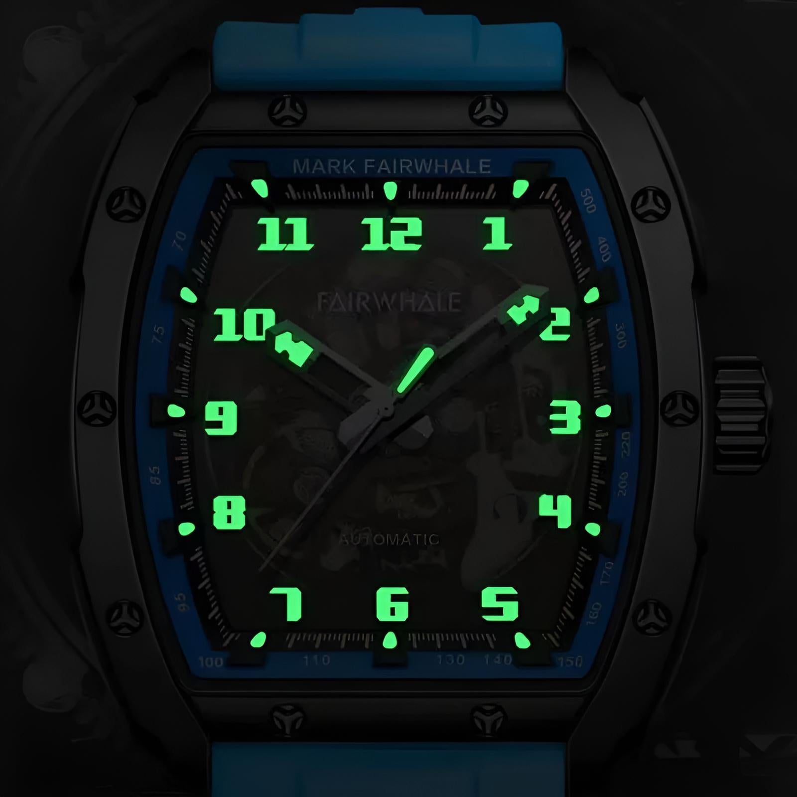 Mark Fairwhale KINETRA Cobalt Pulse – Deep blue luminous automatic watch for men, sleek 45mm tonneau case with sport strap