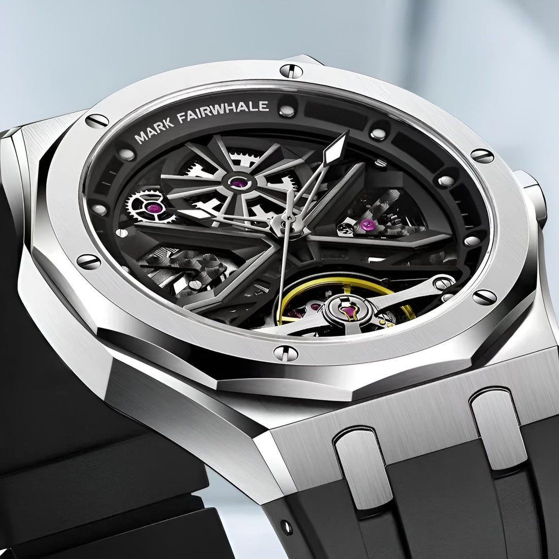 Mark Fairwhale KRYONA Steel Core – Silver-toned skeleton tourbillon automatic watch with sport silicone strap for men