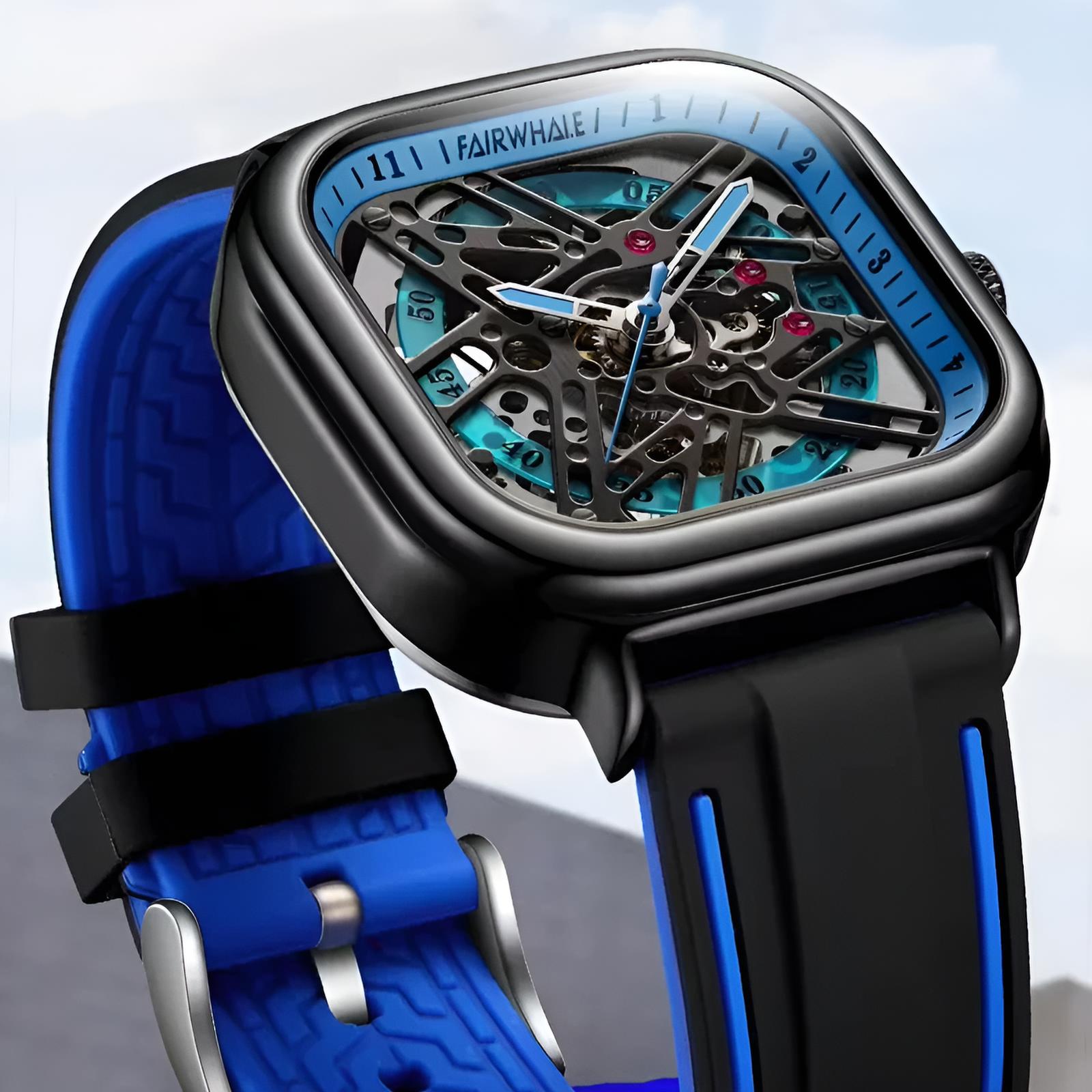 Mark Fairwhale KRYONI NIGHT TIDE – Black skeleton automatic watch for men with luminous display and rubber sport strap