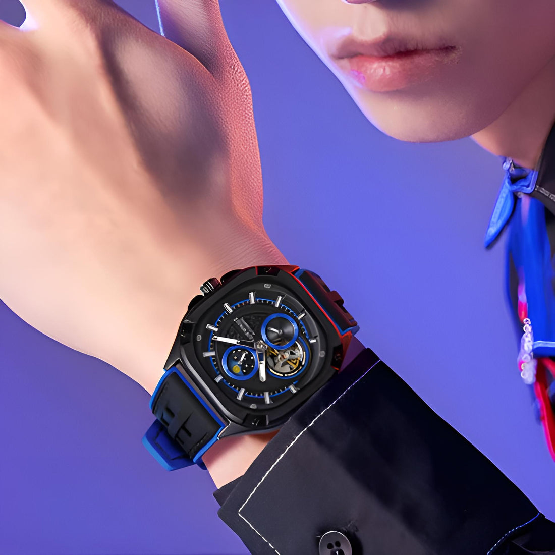 Mark Fairwhale KYNTRA COBALT SURGE – Blue accent skeleton automatic watch for men with stainless steel case and sport rubber strap