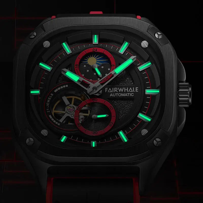 Mark Fairwhale KYNTRA CRIMSON PULSE – Red accent skeleton automatic watch for men with stainless steel case and sport rubber strap