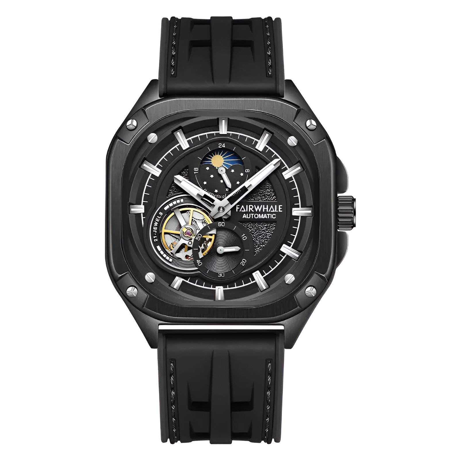 Mark Fairwhale KYNTRA ONYX CORE – Black accent skeleton automatic watch for men with stainless steel case and sport rubber strap