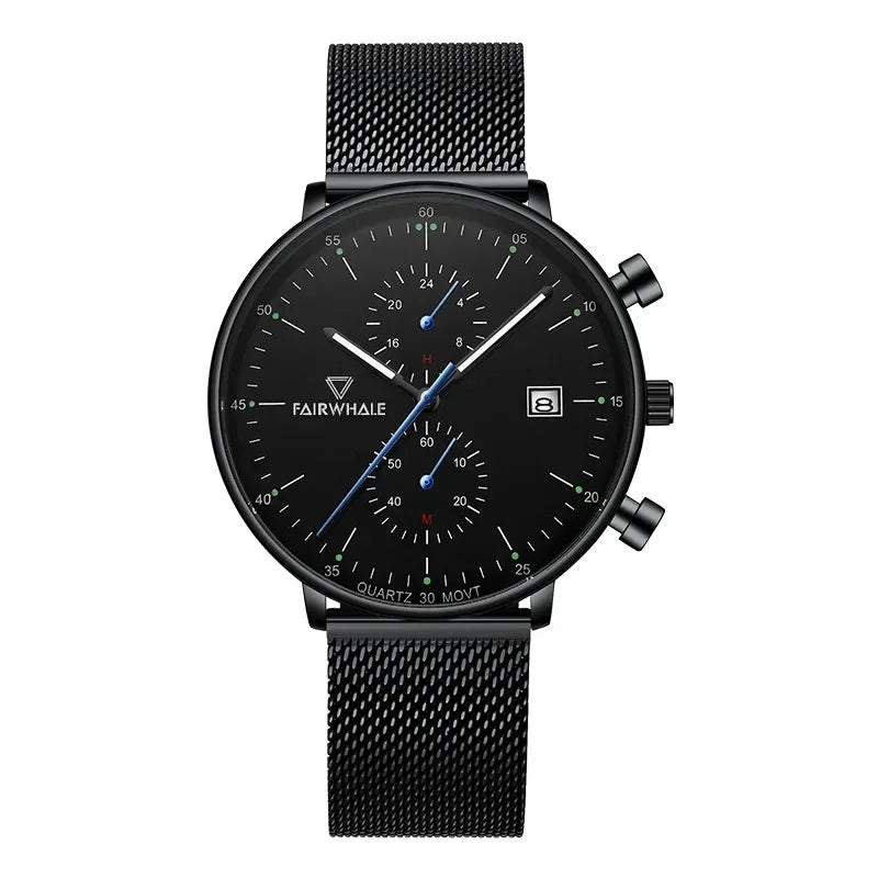 Mark Fairwhale LUMINOR Men’s black chronograph quartz watch with minimalist dial and stainless steel mesh strap.