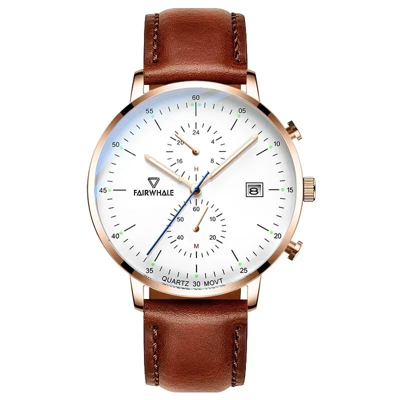 Mark Fairwhale LUMINOR Men’s chronograph quartz watch with white dial, rose gold case and genuine brown leather strap.