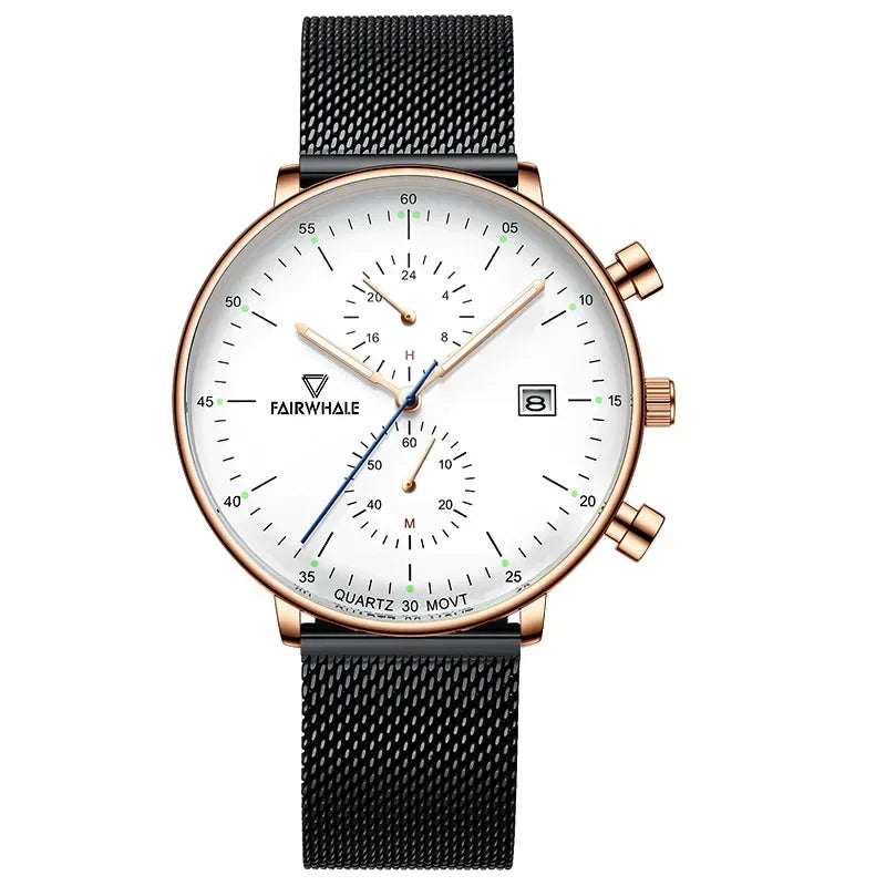 Mark Fairwhale LUMINOR Men’s white dial chronograph watch with rose gold case and black stainless steel mesh strap.