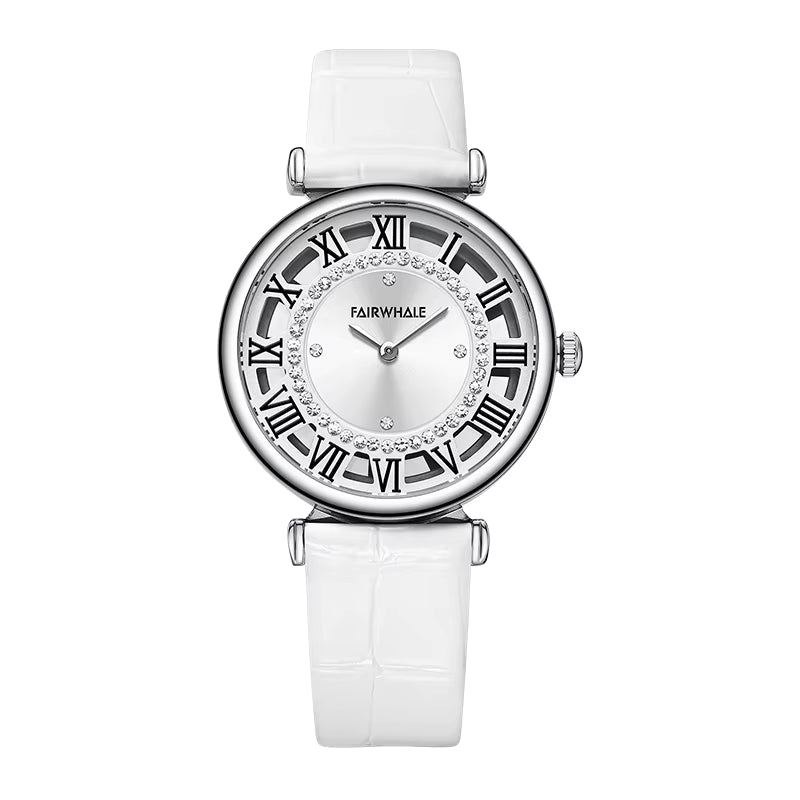 Mark Fairwhale LUMORA Pearl Lumen white leather luxury watch for women, diamond accent dial, 33mm round case, quartz movement