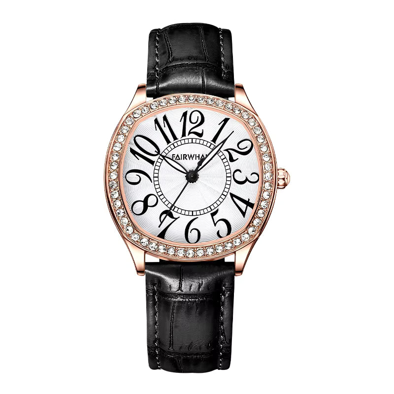Mark Fairwhale LUNARA Noir Éclat luxury retro quartz watch for women, 35mm round dial, diamond glass window, leather strap