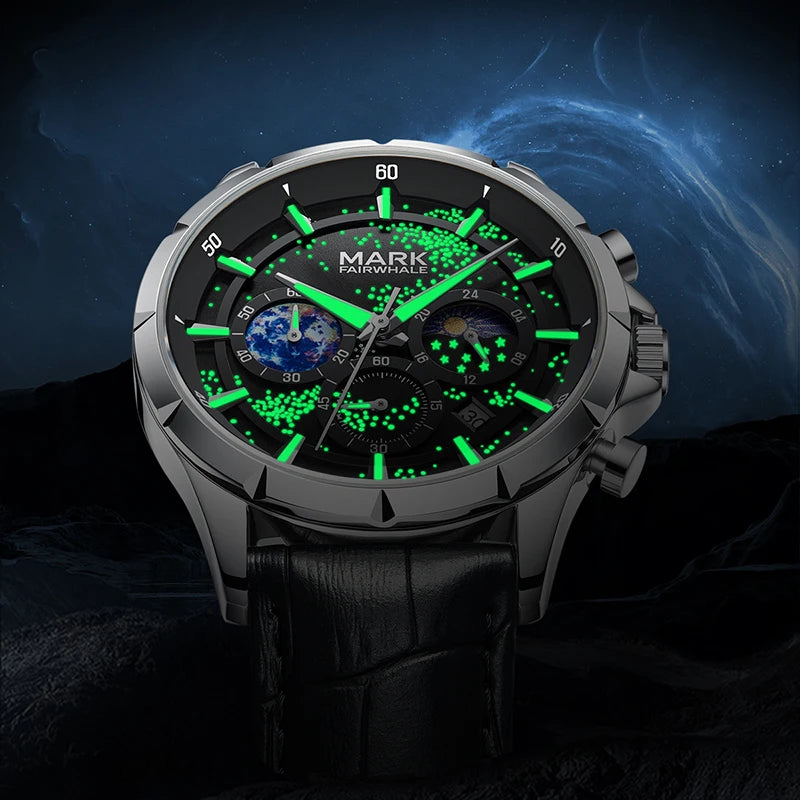 Mark Fairwhale LUNARIS Midnight Cosmos – Black dial moon phase chronograph watch for men with leather strap and complete calendar