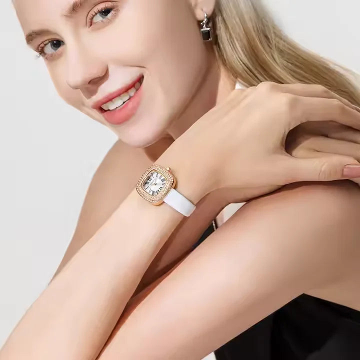 Mark Fairwhale LURAME women’s luxury crystal quartz watch with white leather strap and rose gold diamond bezel